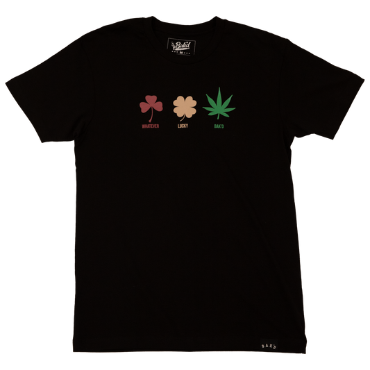 Whatever Lucky Baked Tee in Black - Front View with Playful Graphic