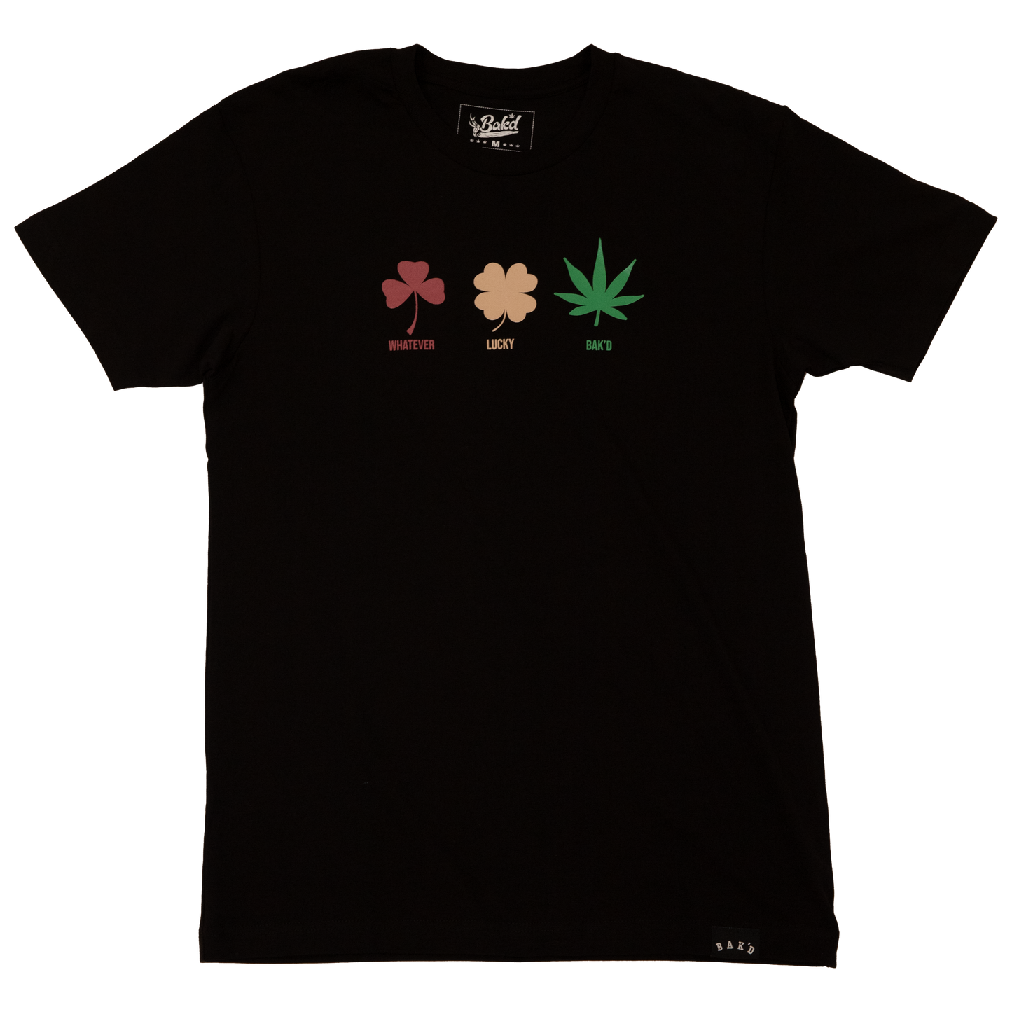 Whatever Lucky Baked Tee in Black - Front View with Playful Graphic