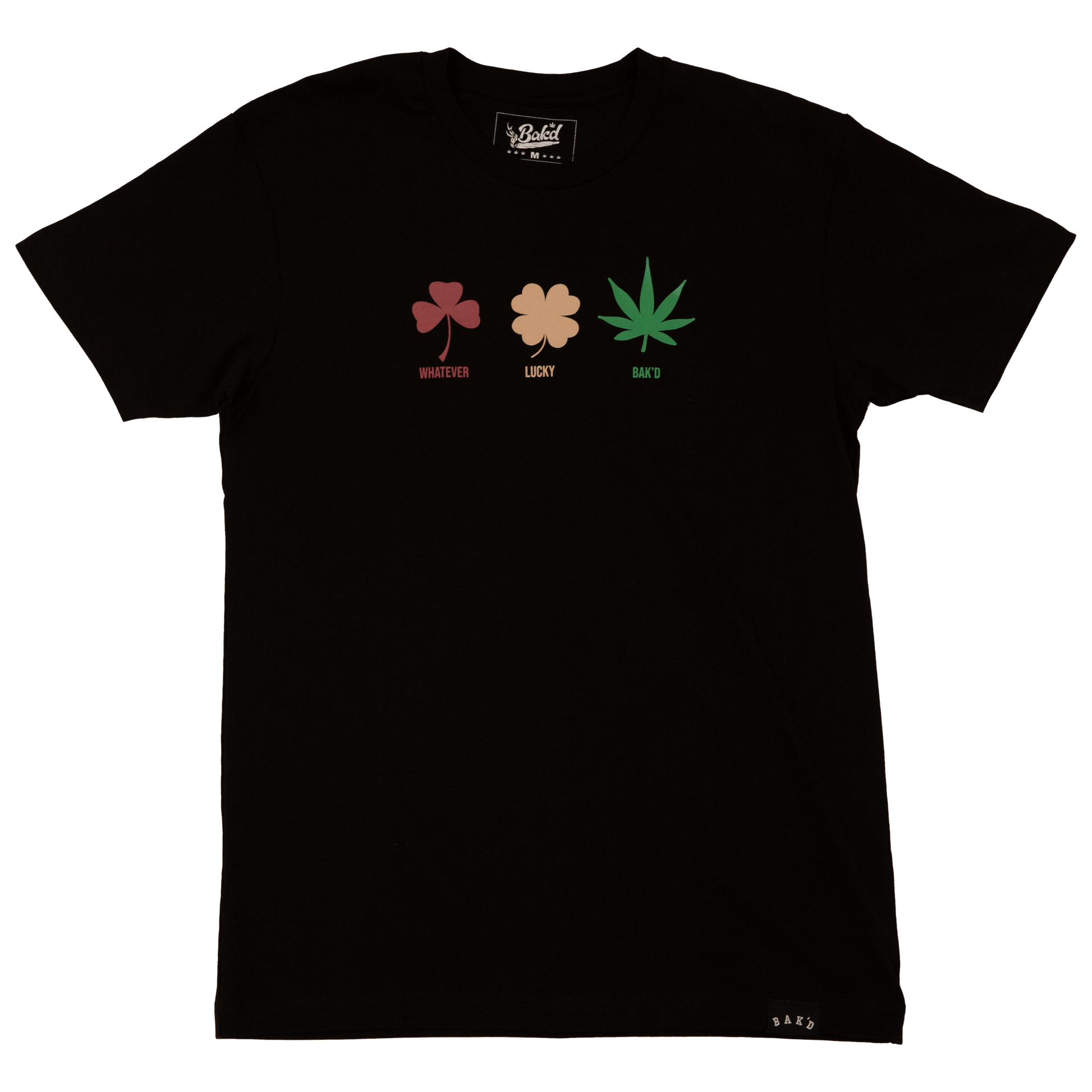 Whatever Lucky Baked Tee in Black - Front View with Playful Graphic